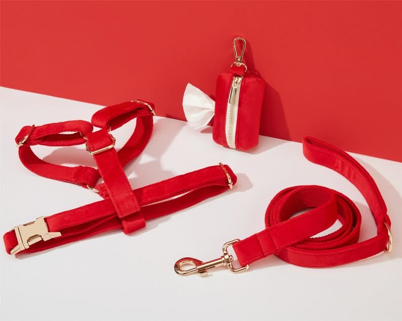 Red Velvet Dog Harness and Leash Set | Personalized No Pull Step In Puppy Harness, Collar, Bowtie, and Poop Bag Holder | Wedding Pet Bundle - AmyEngraved