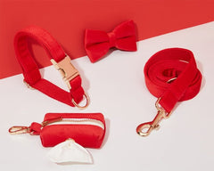 Red Velvet Dog Harness and Leash Set | Personalized No Pull Step In Puppy Harness, Collar, Bowtie, and Poop Bag Holder | Wedding Pet Bundle - AmyEngraved