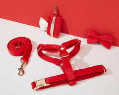 Red Velvet Dog Harness and Leash Set | Personalized No Pull Step In Puppy Harness, Collar, Bowtie, and Poop Bag Holder | Wedding Pet Bundle - AmyEngraved