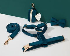Teal Velvet Dog Harness and Leash Set | Personalized No Pull Step In Puppy Harness, Collar, Bowtie, and Poop Bag Holder | Wedding Pet Bundle - AmyEngraved