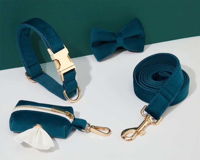 Teal Velvet Dog Harness and Leash Set | Personalized No Pull Step In Puppy Harness, Collar, Bowtie, and Poop Bag Holder | Wedding Pet Bundle - AmyEngraved