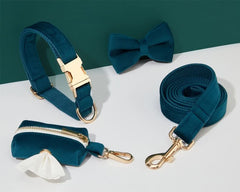 Teal Velvet Dog Harness and Leash Set | Personalized No Pull Step In Puppy Harness, Collar, Bowtie, and Poop Bag Holder | Wedding Pet Bundle - AmyEngraved