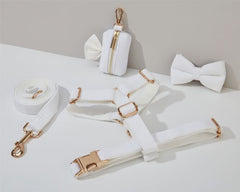 White Velvet Dog Harness and Leash Set | Personalized No Pull Step In Puppy Harness, Collar, Bowtie, and Poop Bag Holder | Wedding Pet Bundle - AmyEngraved