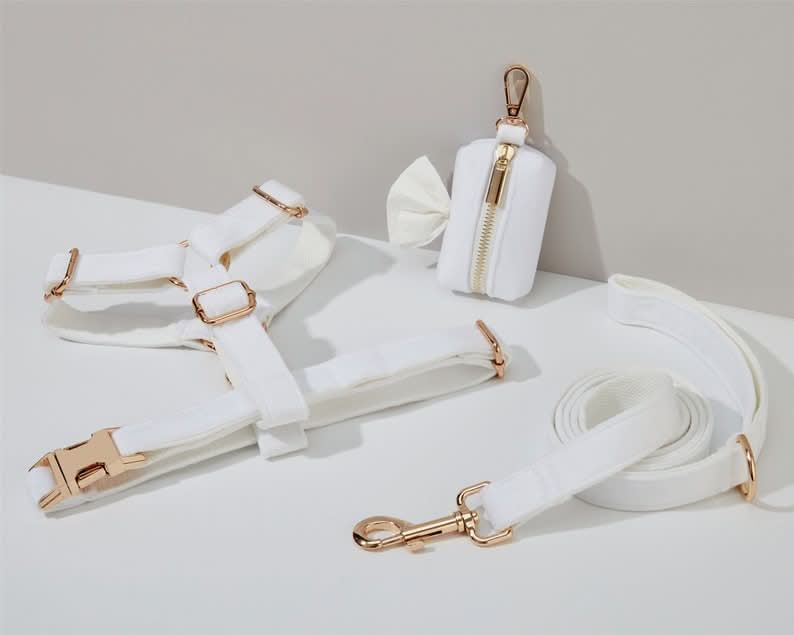 White Velvet Dog Harness and Leash Set | Personalized No Pull Step In Puppy Harness, Collar, Bowtie, and Poop Bag Holder | Wedding Pet Bundle - AmyEngraved