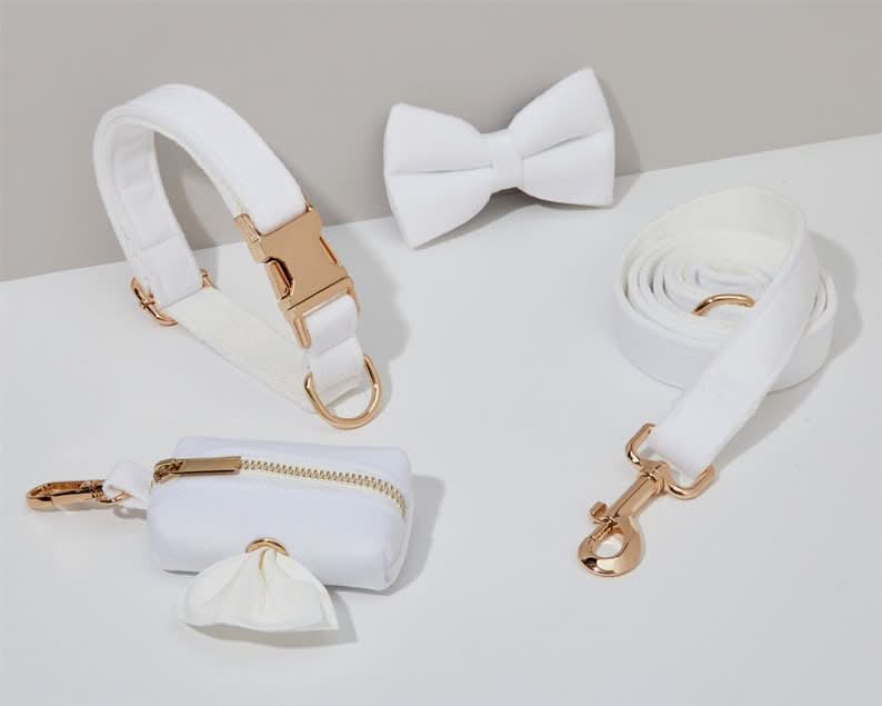 White Velvet Dog Harness and Leash Set | Personalized No Pull Step In Puppy Harness, Collar, Bowtie, and Poop Bag Holder | Wedding Pet Bundle - AmyEngraved