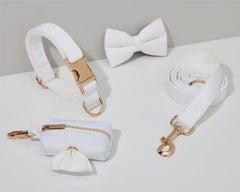 White Velvet Dog Harness and Leash Set | Personalized No Pull Step In Puppy Harness, Collar, Bowtie, and Poop Bag Holder | Wedding Pet Bundle - AmyEngraved