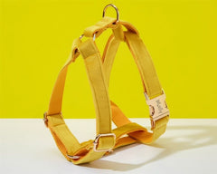 Yellow Velvet Dog Harness and Leash Set | Personalized No Pull Step In Puppy Harness, Collar, Bowtie, and Poop Bag Holder | Wedding Pet Bundle - AmyEngraved