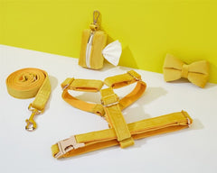 Yellow Velvet Dog Harness and Leash Set | Personalized No Pull Step In Puppy Harness, Collar, Bowtie, and Poop Bag Holder | Wedding Pet Bundle - AmyEngraved