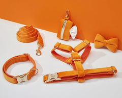 Orange Velvet Dog Harness and Leash Set | Personalized No Pull Step In Puppy Harness, Collar, Bowtie, and Poop Bag Holder | Wedding Pet Bundle - AmyEngraved